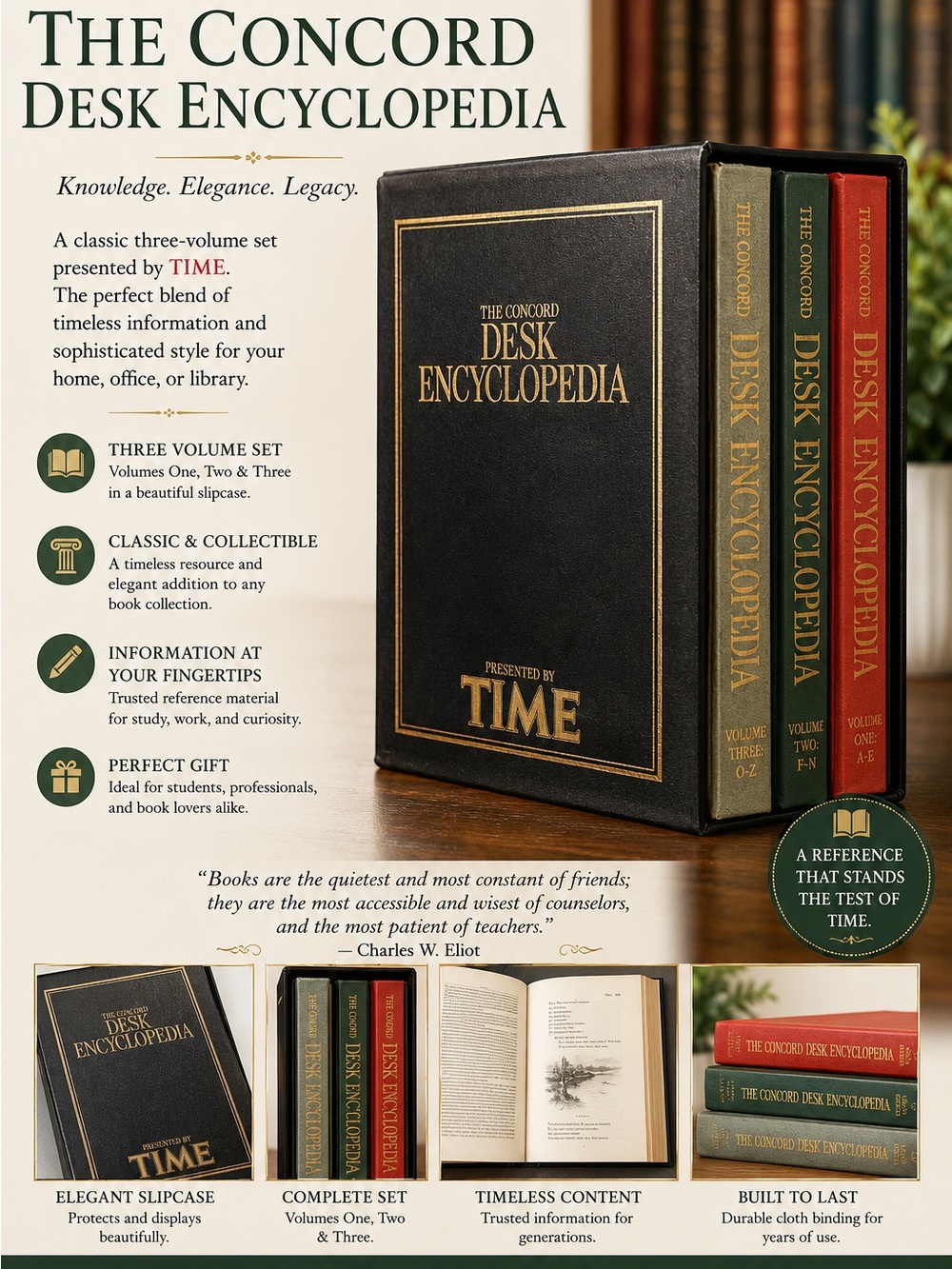 The Concord Desk Encyclopedia Three-Volume Set by TIME — Black, Green, Red